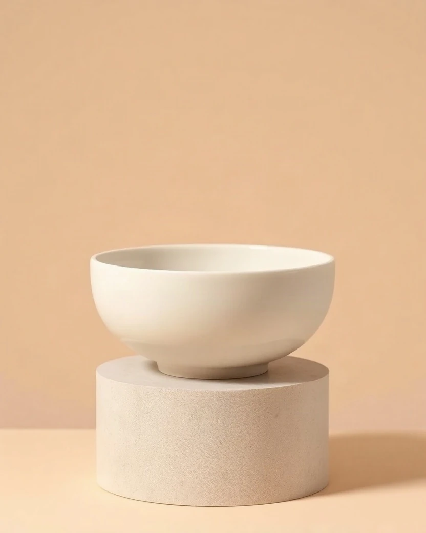 A matte cream ceramic bowl on a pale limestone plinth against a warm beige backdrop