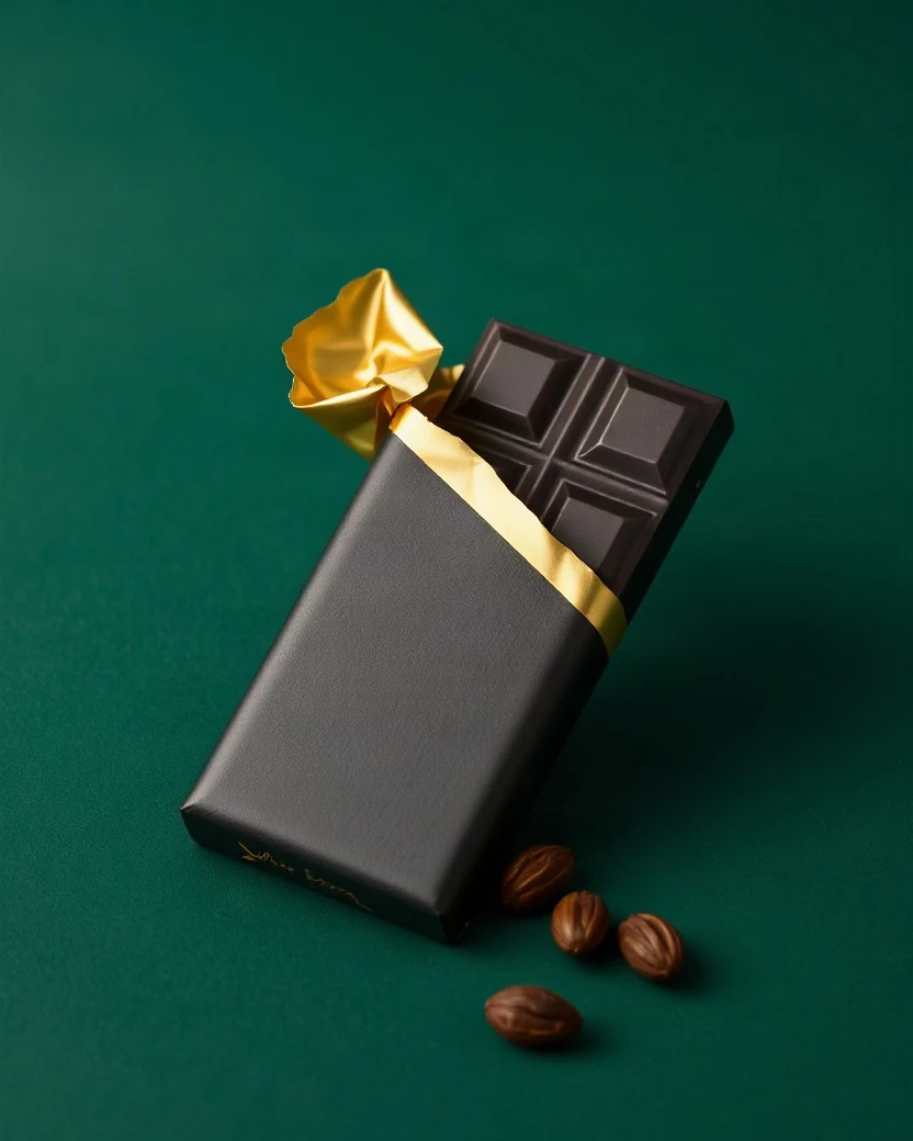 A dark chocolate bar unwrapped from black and gold foil packaging on a deep green backdrop