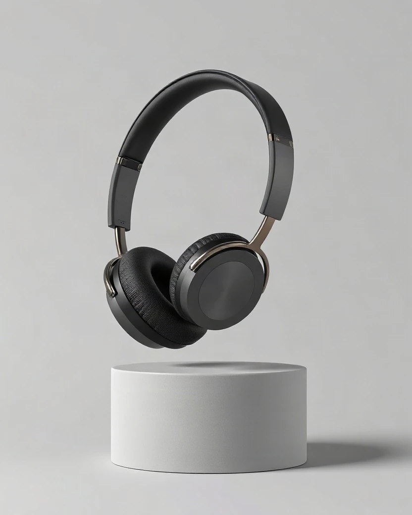 Premium graphite over-ear headphones on a pedestal against a seamless light grey backdrop