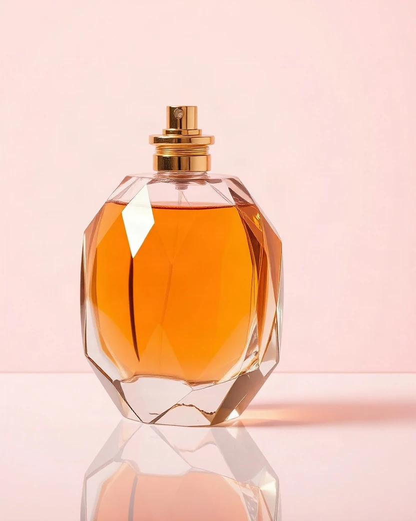 A faceted glass perfume bottle with amber liquid on a mirrored surface against soft pink