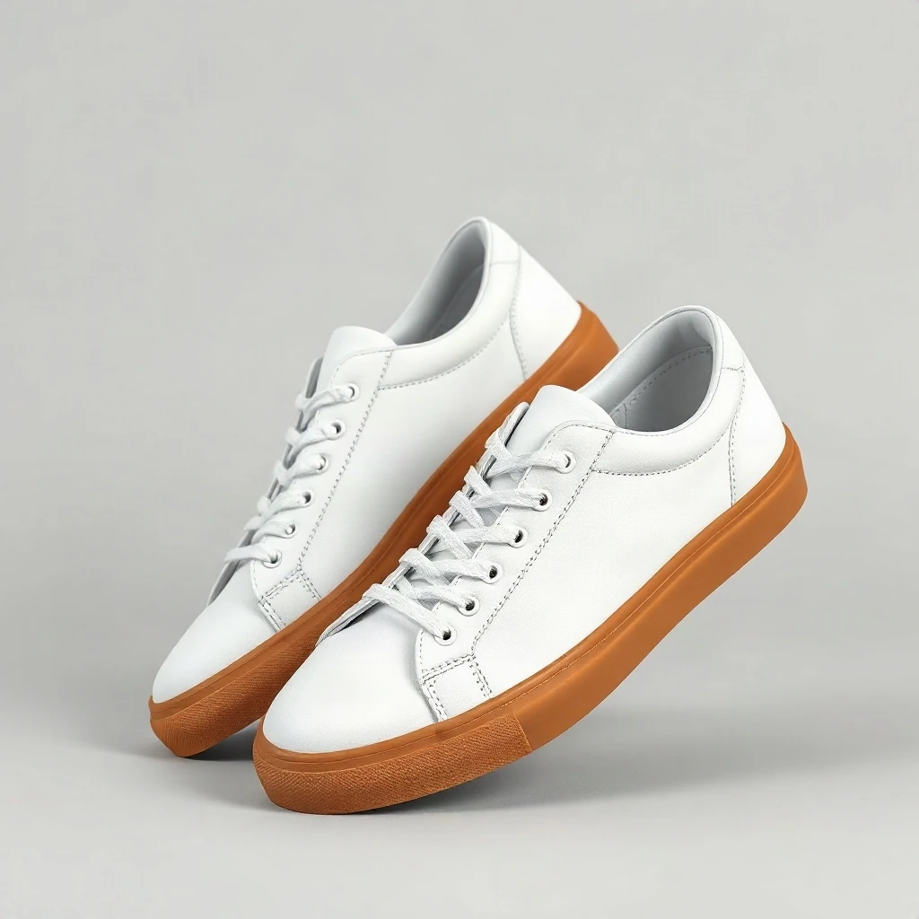 A pair of minimalist white leather sneakers with a gum sole on a light grey backdrop